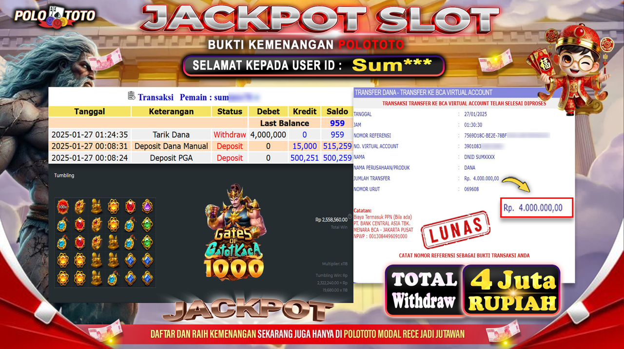 POLOTOTO JACKPOT SLOT GATES OF GATOTKACA 1000 Rp.4,000.000,-