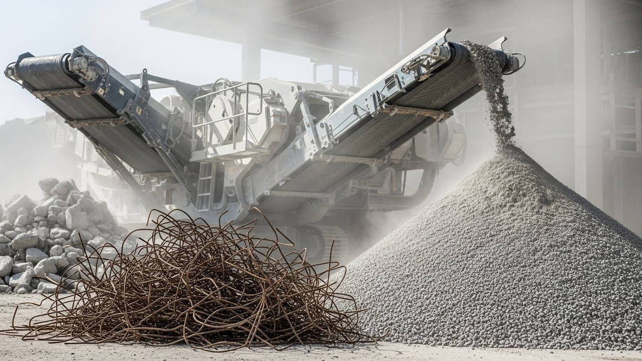 Работа мобильной щековой дробилки по переработке железобетонного лома с отделением арматуры