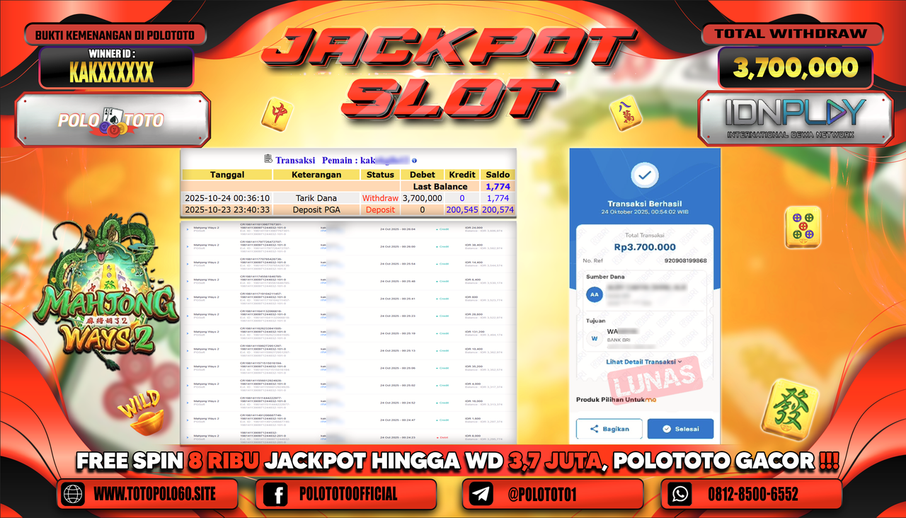 POLOTOTO JACKPOT SLOT MAHJONG WAYS 2 Rp.3.700.000,- LUNAS