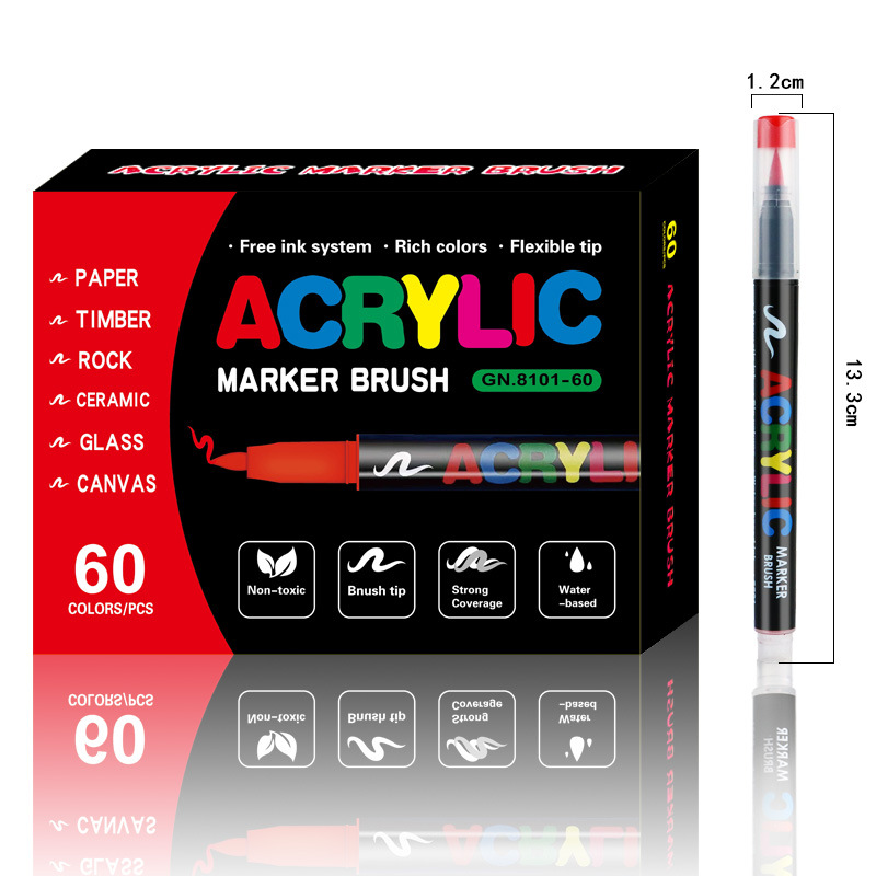 60-Color Liquid Acrylic Paint Markers — Soft Brush Tip| Art & Painting Supplies | Automatic Ink Control System | Suitable for Various Surfaces (Rock, Glass, Wood, Fabric, PP Materials) | Recommended Age: 3+