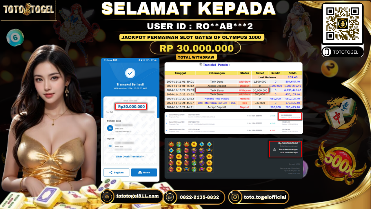 Bukti Pembayaran Jackpot Permainan Slot Gates Of Olympus 1000  ID:RO**AB***2 LUNAS 