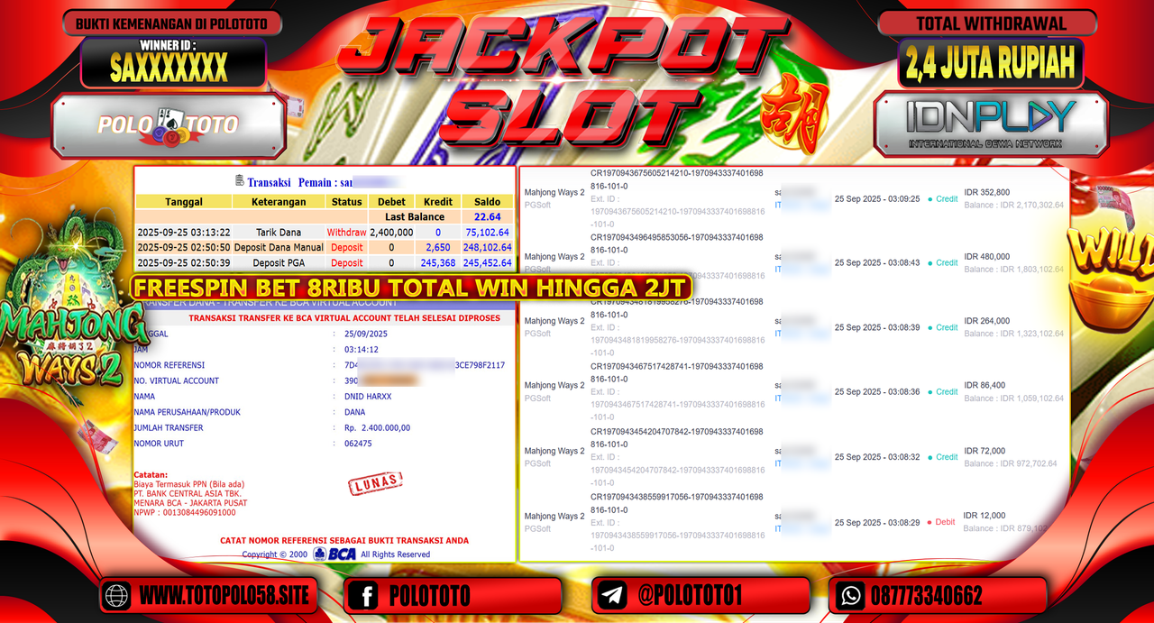 POLOTOTO JACKPOT SLOT MAHJONG WAYS 2 Rp.2.400.000,- LUNAS