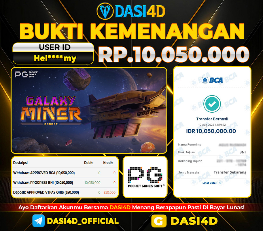 BUKTI KEMENANGAN 12 AGUSTUS 2025 DI GALAXY MINER WD 10.050.000