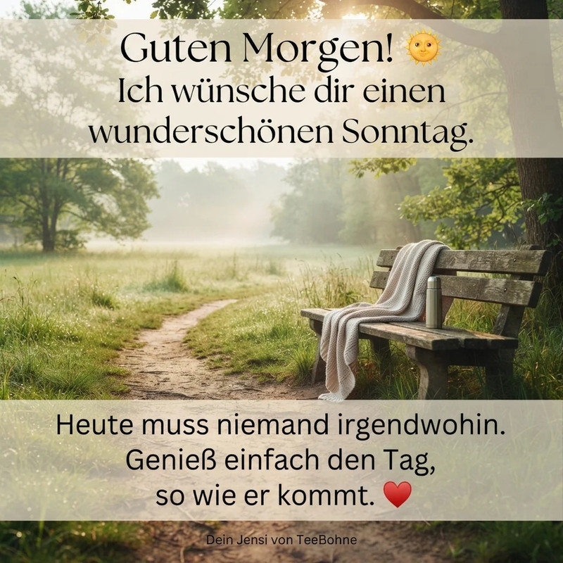 sonntagsspruche-waldweg-bank-morgen-teebohne
