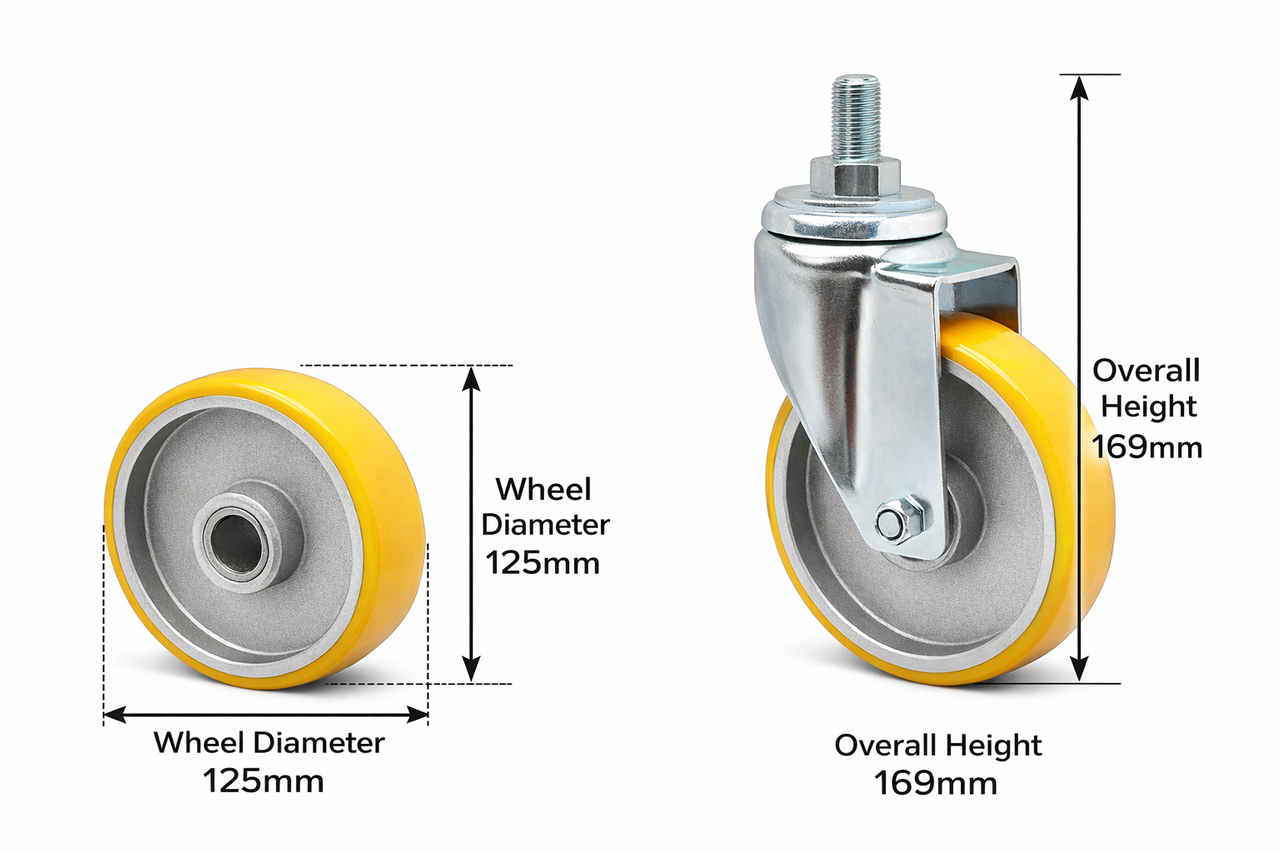 A plan illustrating the Wheel Diameter which measures only the wheel and Overall Height which is derived from the ground to the top of the mounting plate.