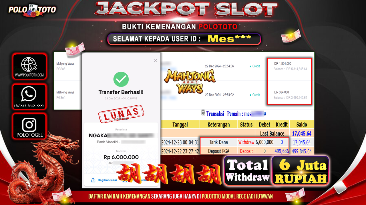 POLOTOTO JACKPOT SLOT MAHJONG WAYS Rp.6,000.000,-