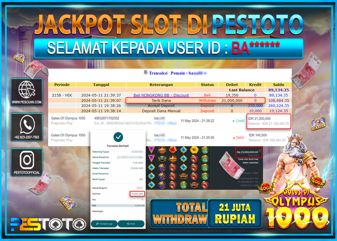 HANYA DI PESTOTO JP PASTI DI BAYAR LUNAS DAN CEPAT!!!!!! JP SLOT{ GATES OF OLYMPUS 1000  } Rp.21.000.000 !!!!!