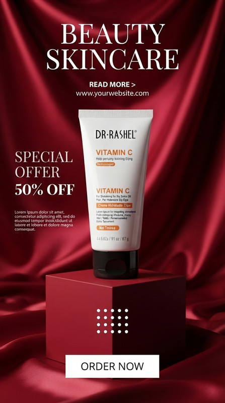 AI-generated example result for the marketing prompt: Luxurious Red Satin Skincare Sale Post by Prompt Craft