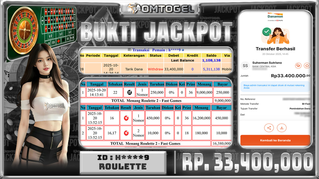 OMTOGEL JACKPOT LIVE GAMES ROULETTE 33 JUTA DI BAYAR LUNAS ,-