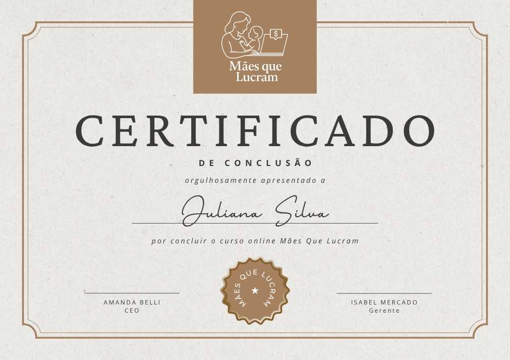 Course completion certificate for 'Mães que Lucram'