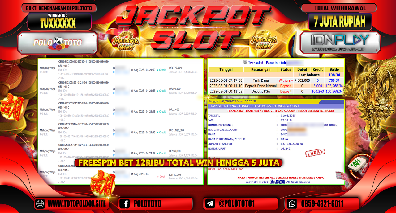 POLOTOTO JACKPOT SLOT MAHJONG WAYS Rp.7.000.000,-LUNAS