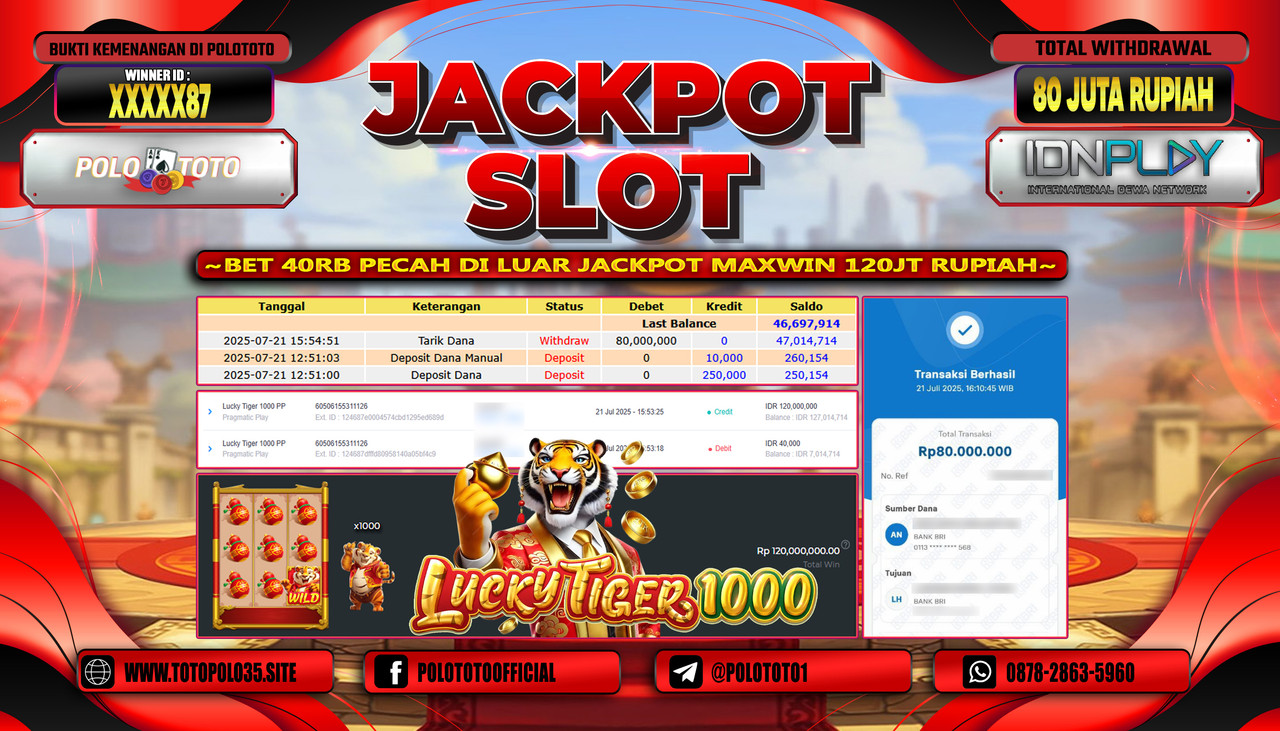 POLOTOTO JACKPOT SLOT LUCKY TIGER 1000 PP Rp.80.000.000,- LUNAS