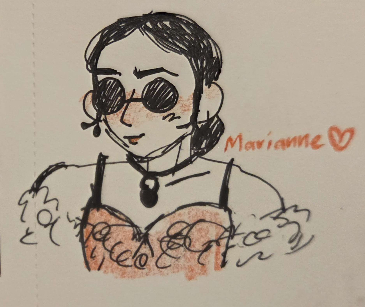 A traditional drawing of Marianne from Long Live The Black Parade. She smiles softly with a playful expression.