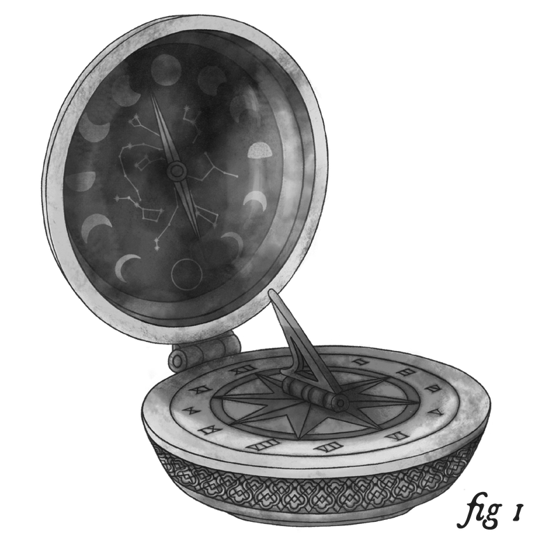 Tarnished silver compass with moon phases and constellations.