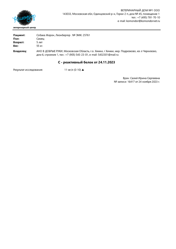 С - реактивный белок от 24.11.2023 (Жерон - АНО В ДОБРЫЕ РУКИ)