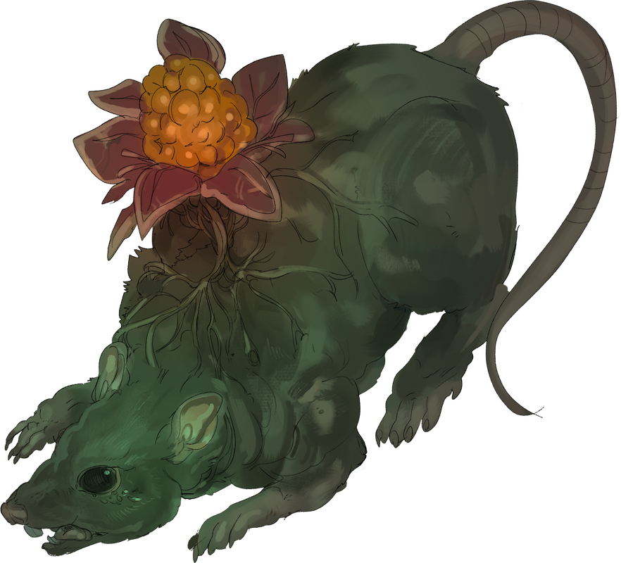 illustration of plant-infested rat with flower growing from its back