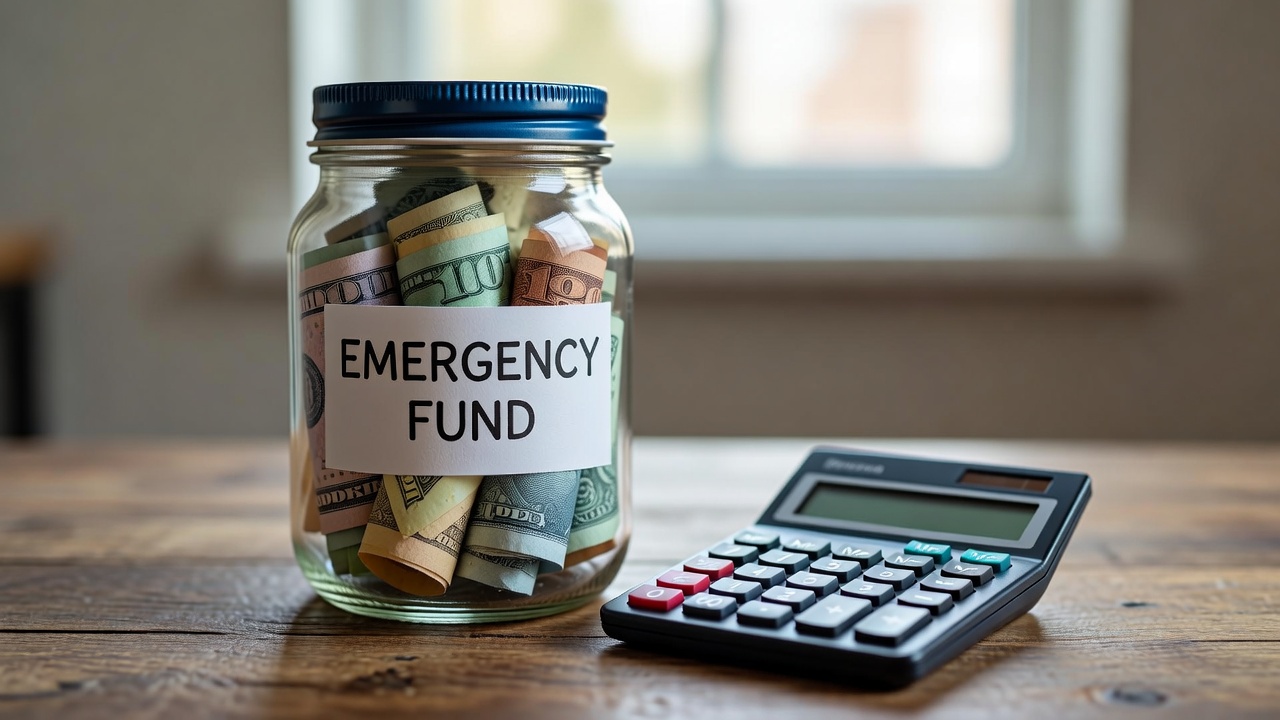 Glass jar filled with cash and a calculator representing how to build an emergency fund faster