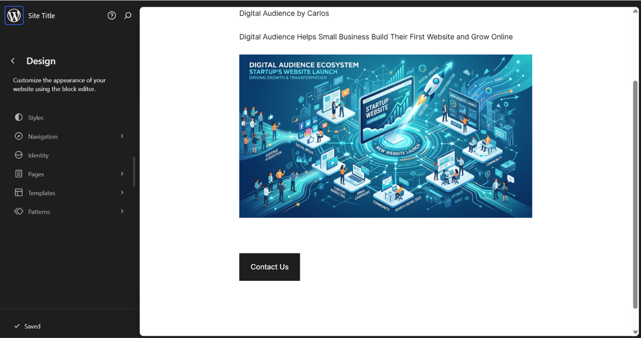 Small business homepage built in the WordPress.com block editor with heading, paragraph, image, and call-to-action button