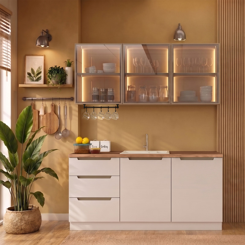 Hera 180 cm Mutfak Dolabı Seti %100 MDF Ledli Çekmeceli Lavabolu Raflı Mutfak Dolabı Takımı 6 Modül Tezgah Dahil Bej