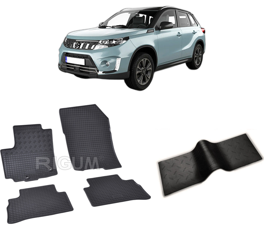 Set covorase auto SUZUKI VITARA HYBRID din 01.2020-PREZENT, cu covoras tunel median, CAROSERIE SUV, Presuri cauciuc 100%, compatibil cu autoturismul SUZUKI VITARA HYBRID, Rigum