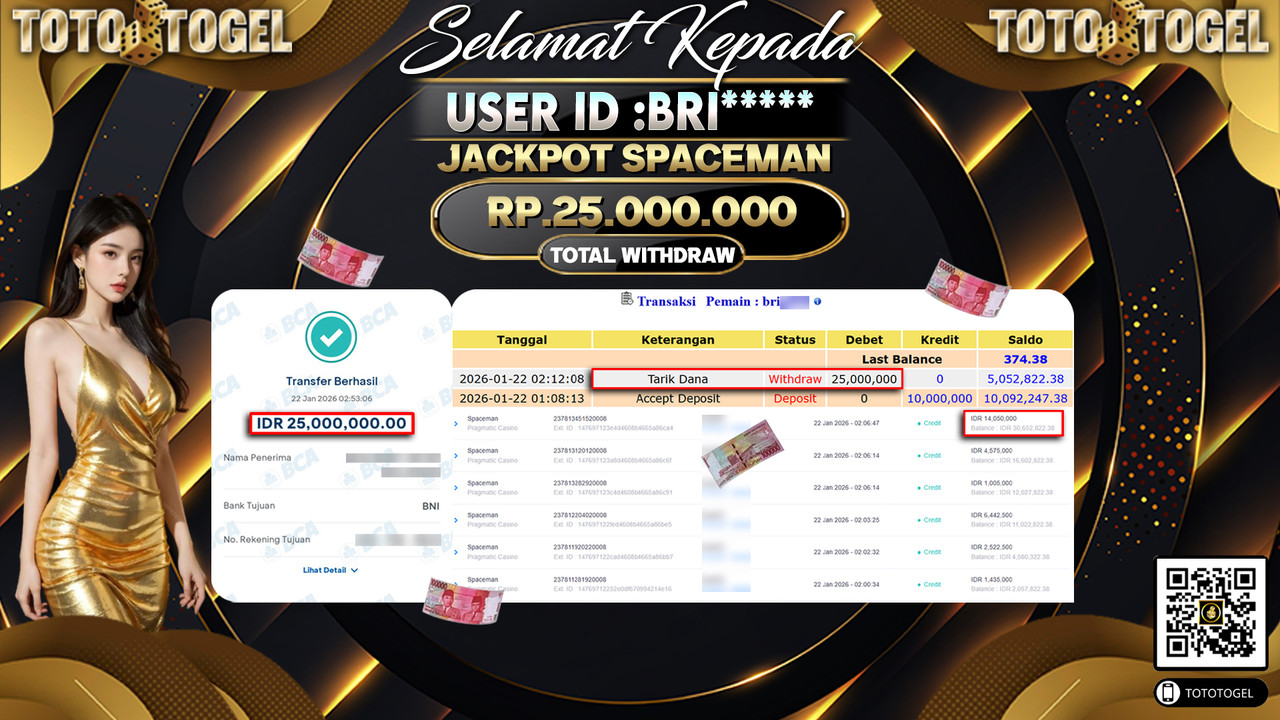 Bukti Pembayaran Jackpot Permainan Pragmatic Casino Spaceman ID:BRI*****LUNAS