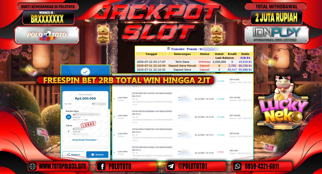 POLOTOTO JACKPOT SLOT LUCKY NEKO Rp.2.000.000,- LUNAS