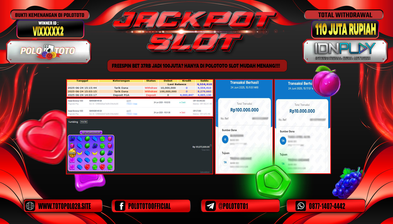 POLOTOTO JACKPOT SLOT SWEET BONANZA 1000 Rp.110.000.000,- LUNAS