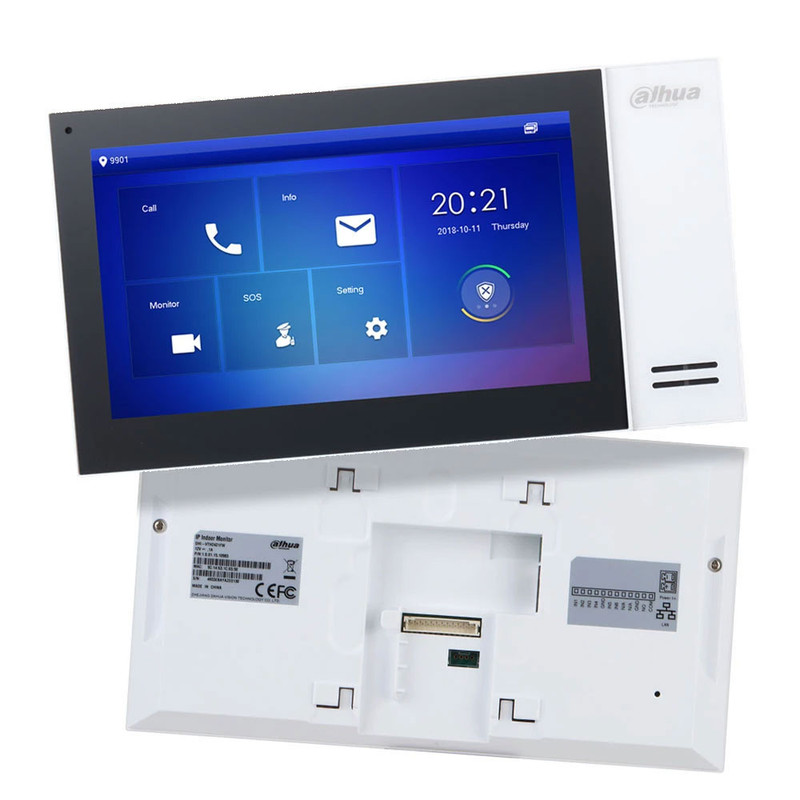 Monitor de video portero Dahua instalado en la pared de un hogar moderno.