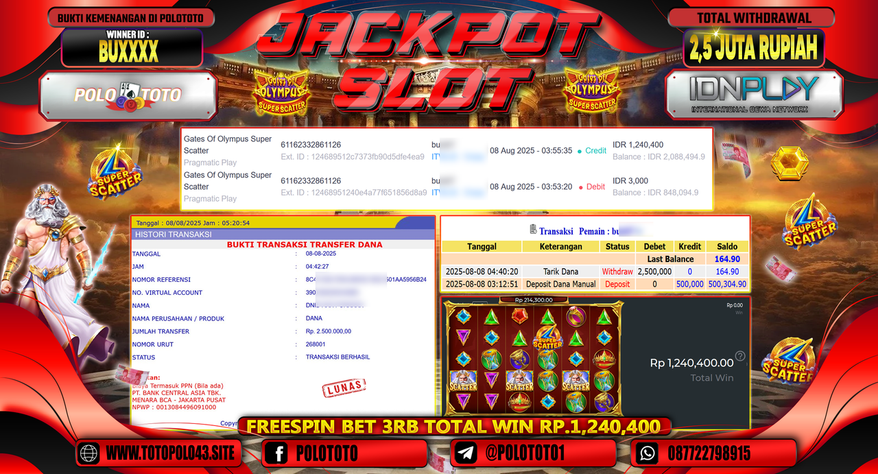 POLOTOTO JACKPOT SLOT GATES OF OLYMPUS SUPER SCATTER Rp.2.500.000,-LUNAS