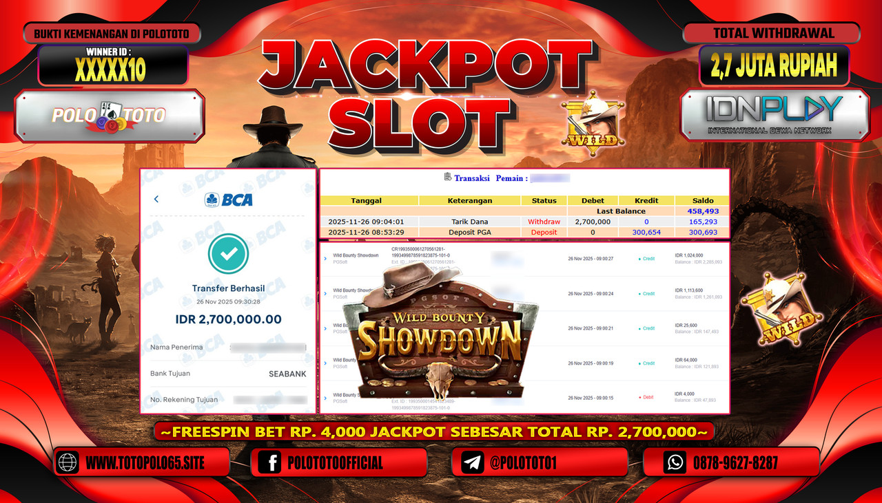 POLOTOTO JACKPOT SLOT WILD BOUNTHY SHOWDOWN Rp.2.700.000,- LUNAS