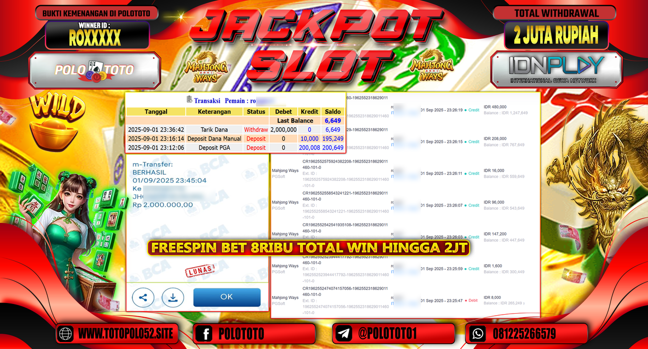 POLOTOTO JACKPOT SLOT MAHJONG WAYS Rp.2.000.000,-