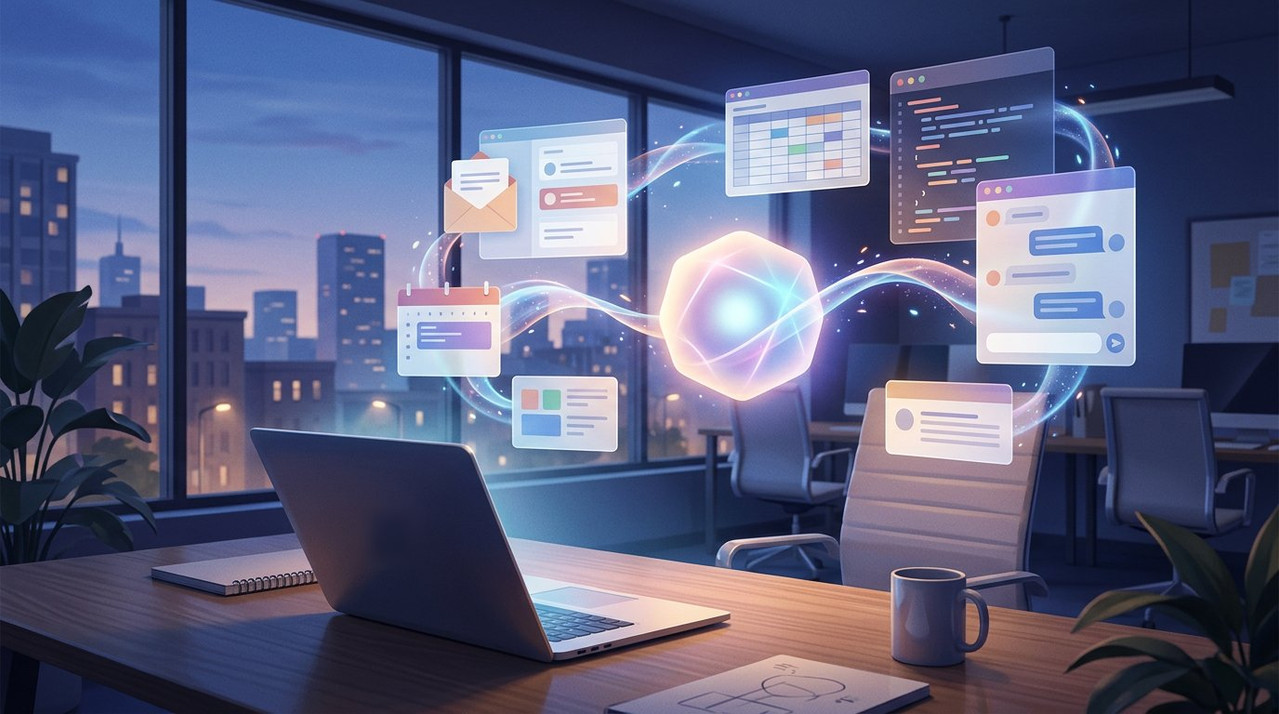 AI coworker agent connecting email, calendar, spreadsheets, code and chat at a startup desk AI coworker agent connecting email, calendar, spreadsheets, code and chat at a startup desk