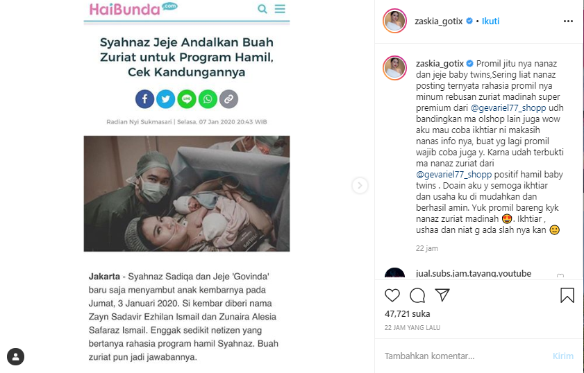 Postingan Zaskia Gotik soal momongan
