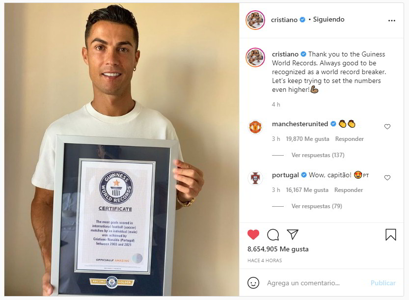 Instagram Foto Cristiano Ronaldo mostra il Guinness dei Primati.