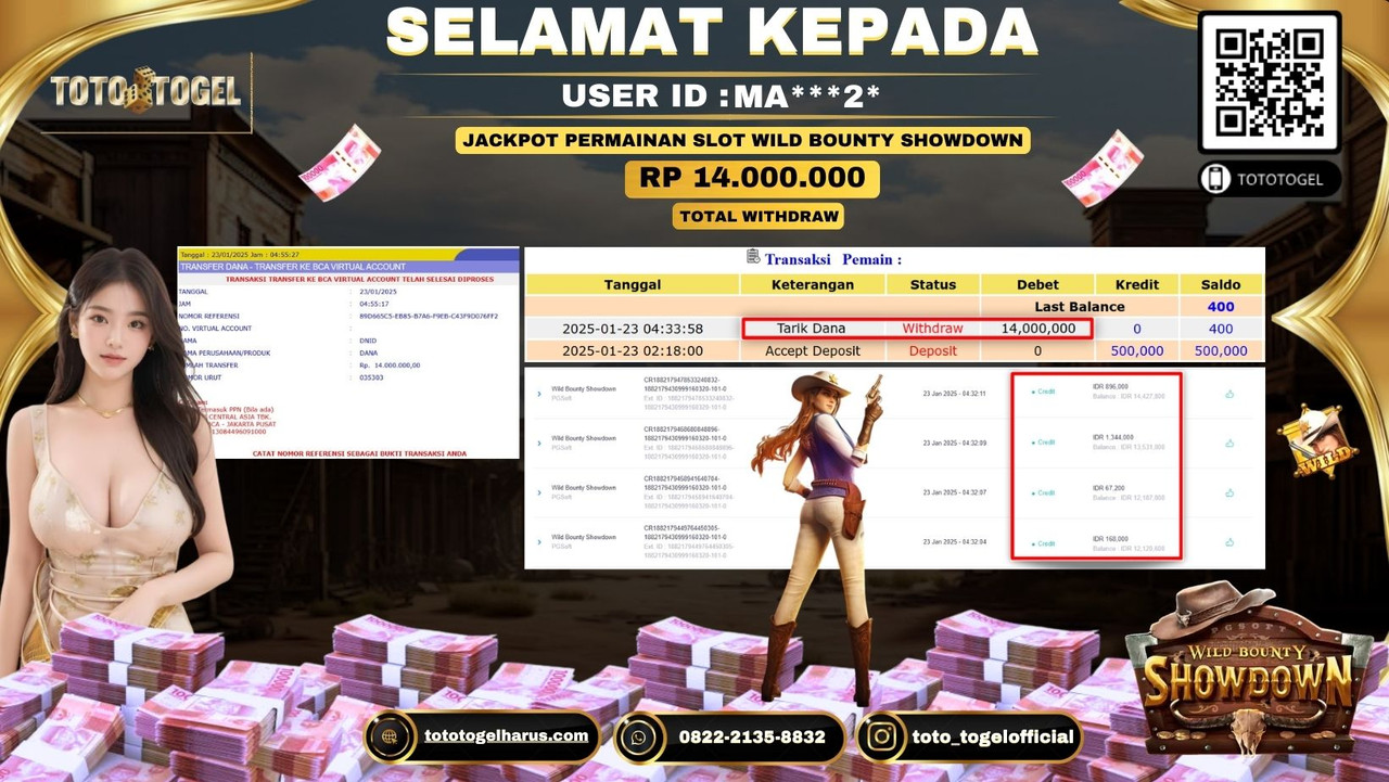 Bukti Pembayaran Jackpot  Permainan Slot Wild Bounty Showdown  ID:MA****2  LUNAS