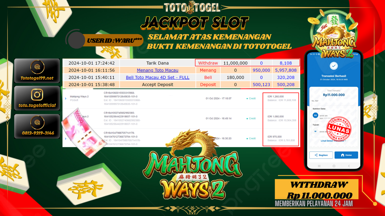 Bukti Kemenangan Permainan Slot Mahjong Wayz 2  ID : WARU** Terbayar Lunas!!