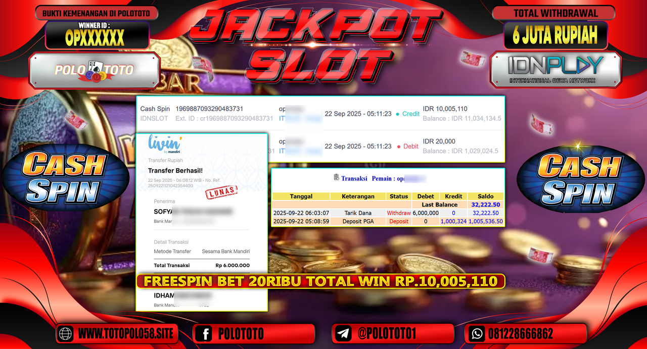 POLOTOTO JACKPOT SLOT CASH SPIN Rp.6.000.000,-