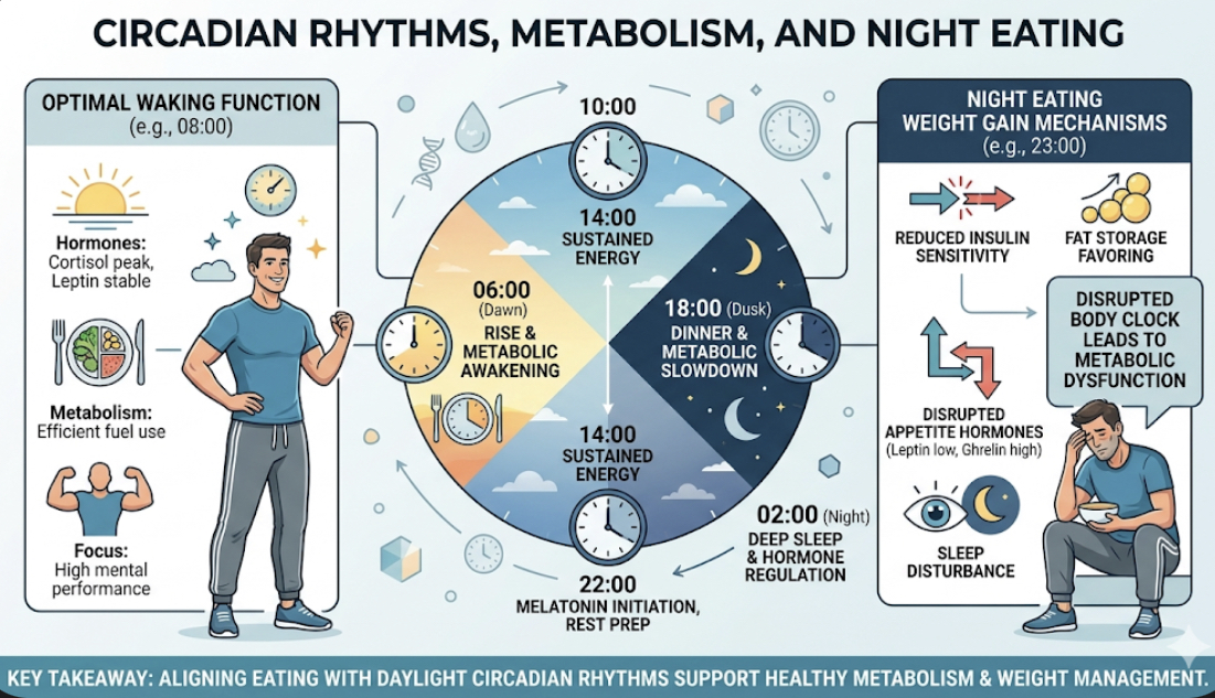 Infographic showing circadian rhythms and metabolism throughout the day, explaining night eating weight gain mechanisms and fat loss meal timing