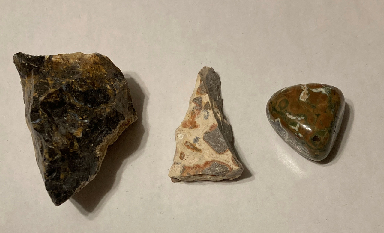  raw dendritic agate, raw leopard jasper, tumbled rhyolite, information sheet