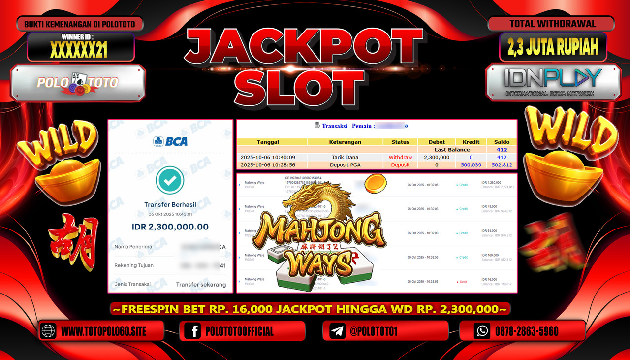 POLOTOTO JACKPOT SLOT MAHJONG WAYS Rp.2.300.000,- LUNAS