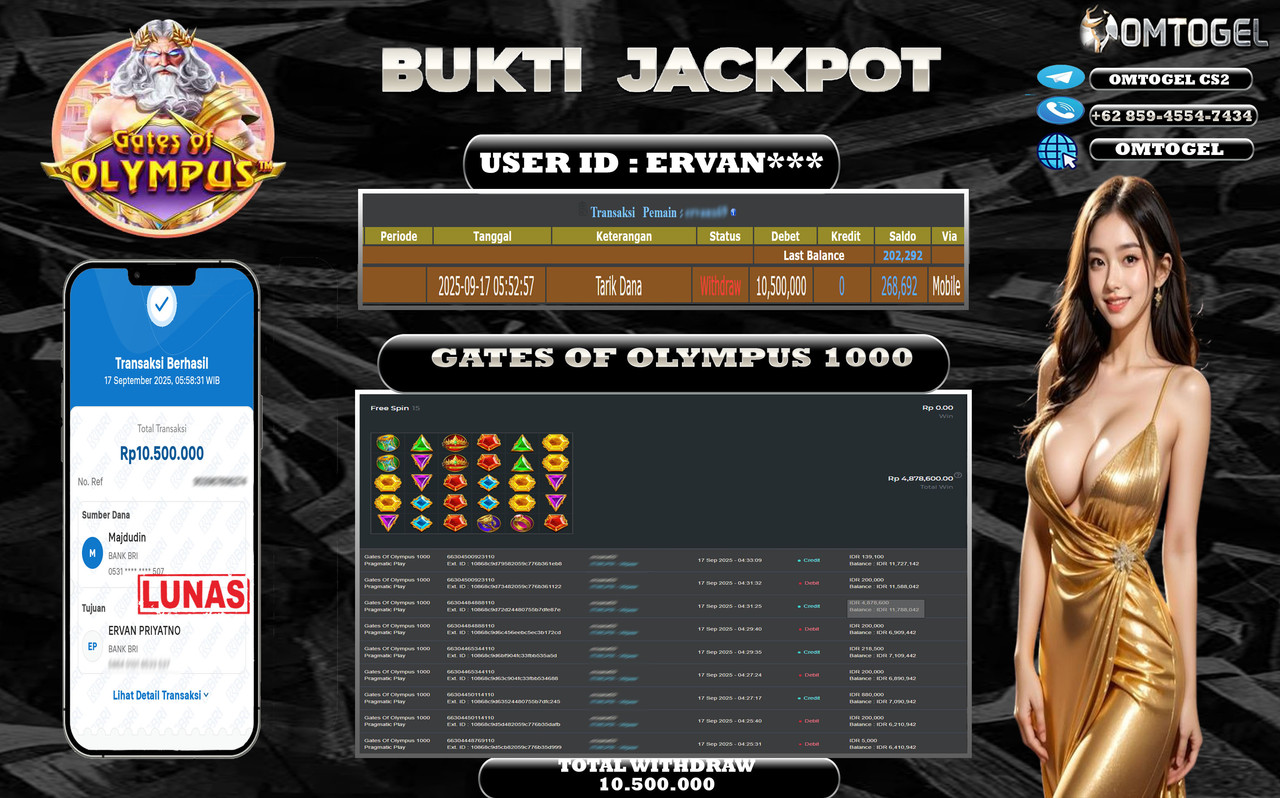 OMTOGEL JACKPOT PRAGMATIC PLAY GATES OF OLYMPUS 1000 10 JUTA DI BAYAR LUNAS ,-