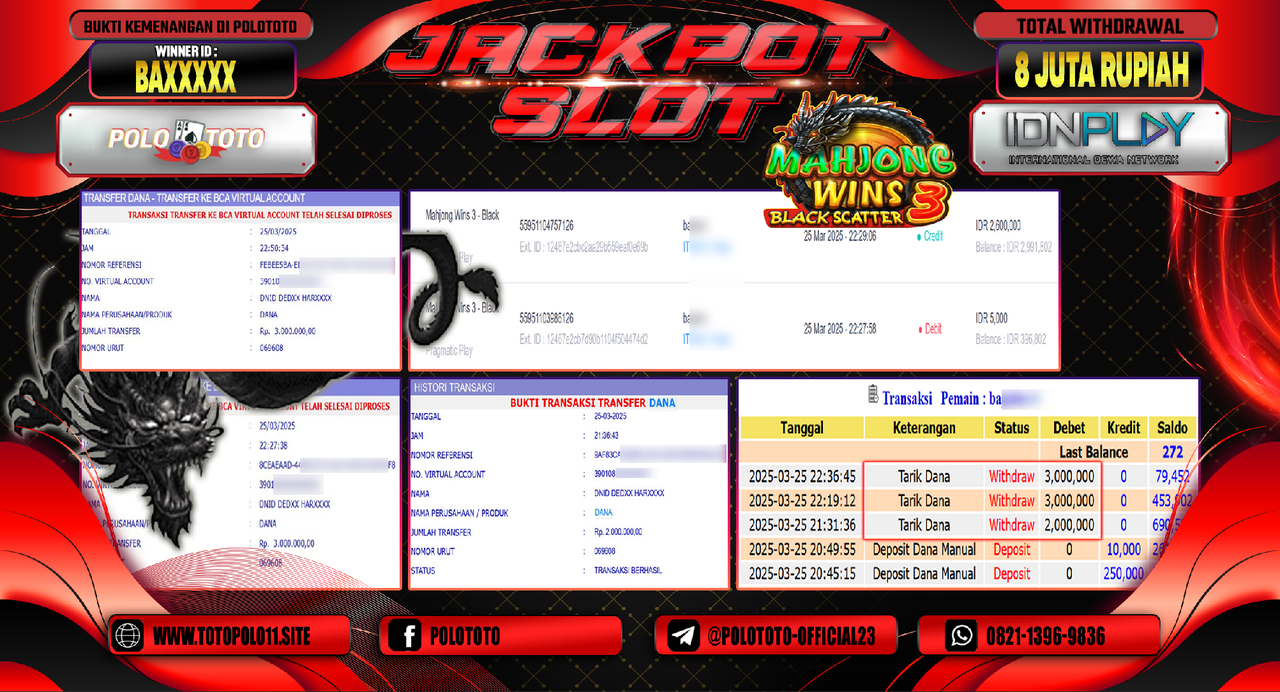 POLOTOTO JACKPOT SLOT MAHJONG WINS 3 BLACK SCATTER  Rp.8.000.000,- LUNAS