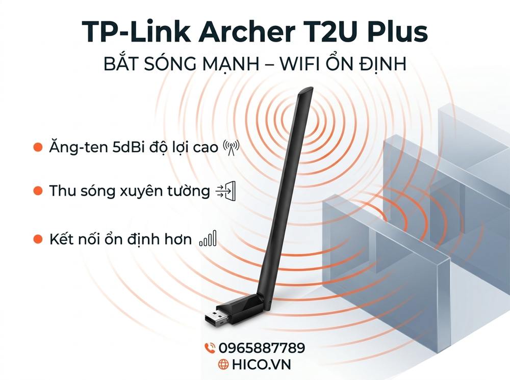 USB WiFi 5 TP-Link Archer T2U Plus AC600 chính hãng HICO
