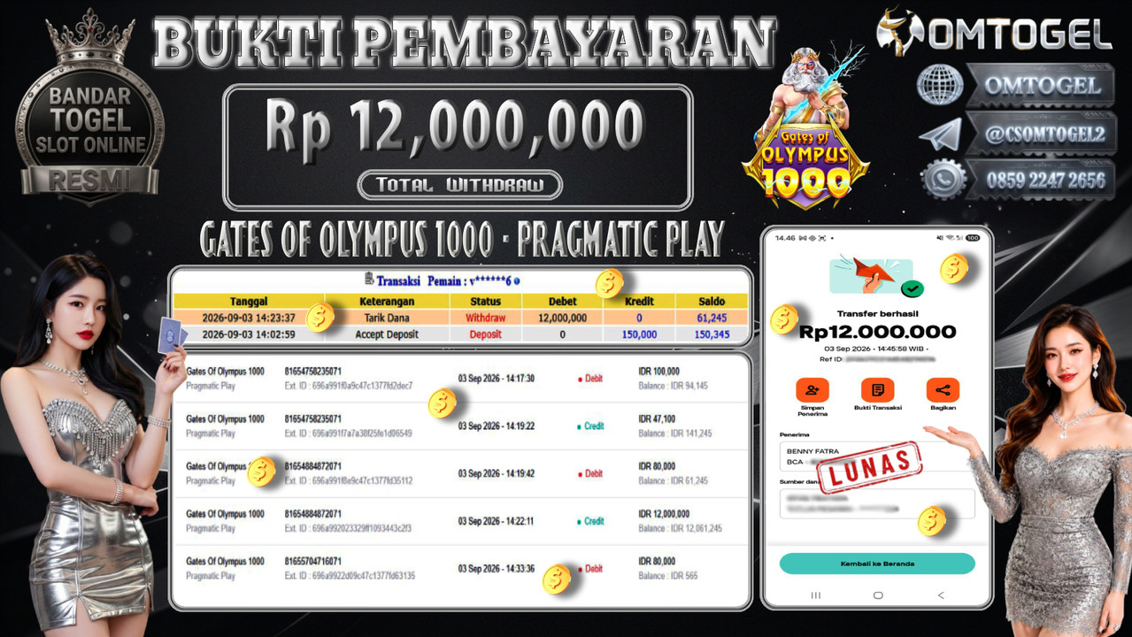 OMTOGEL JACKPOT PRAGMATIC PLAY GATES OF OLYMPUS 1000 Rp.12,000,000,- DIBAYAR LUNAS 