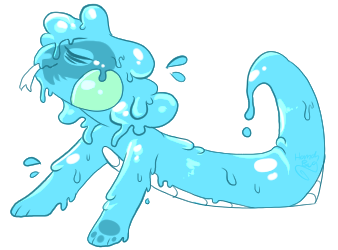 A young Goober. They're very drippy and they look a little tired about it, but they're smiling with their tongue out. They have a skull and paw bone markings on one hand
