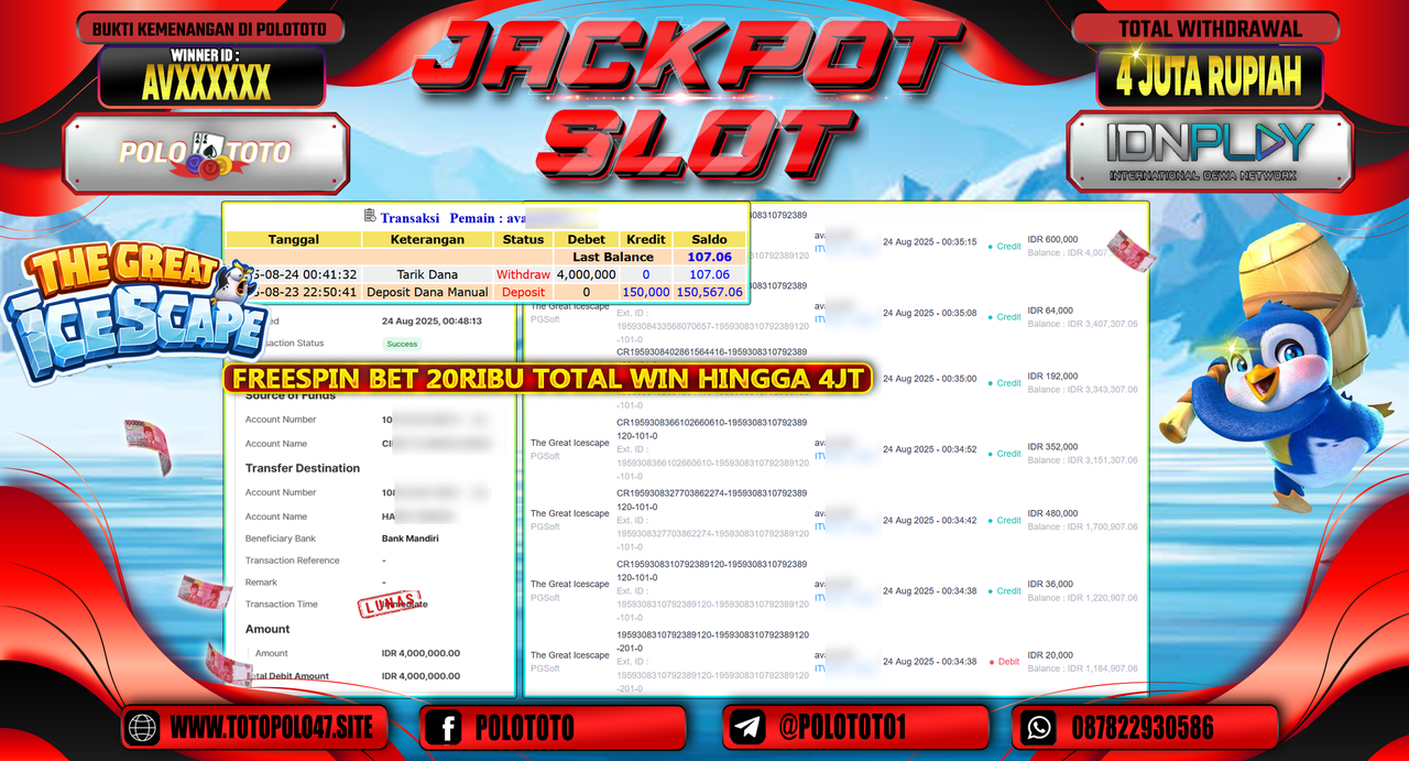 POLOTOTO JACKPOT SLOT THE GREAT ICESCAPE Rp.4.000.000,-