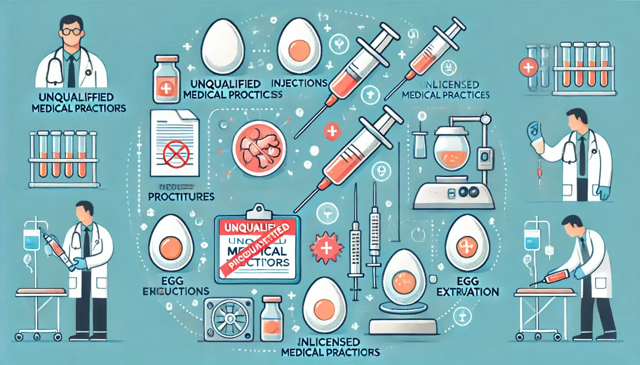 Diagram depicting unqualified medical practices involved in illegal egg donation, highlighting risks to women's health