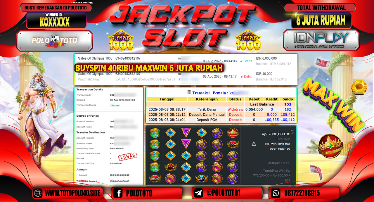 POLOTOTO JACKPOT SLOT GATES OF OLYMPUS 1000 Rp.6.000.000,-LUNAS