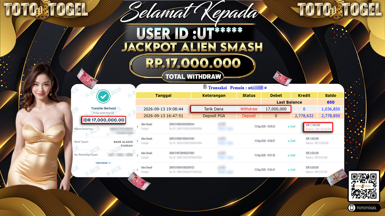Bukti Pembayaran Jackpot Slot Alien Smash  ID:UT*****LUNAS