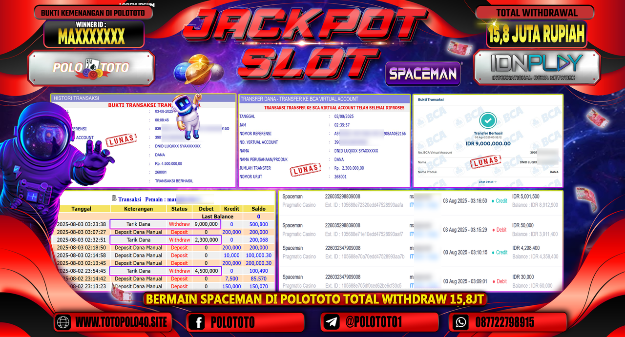 POLOTOTO JACKPOT SLOT SPACEMAN Rp.15.800.000,-LUNAS